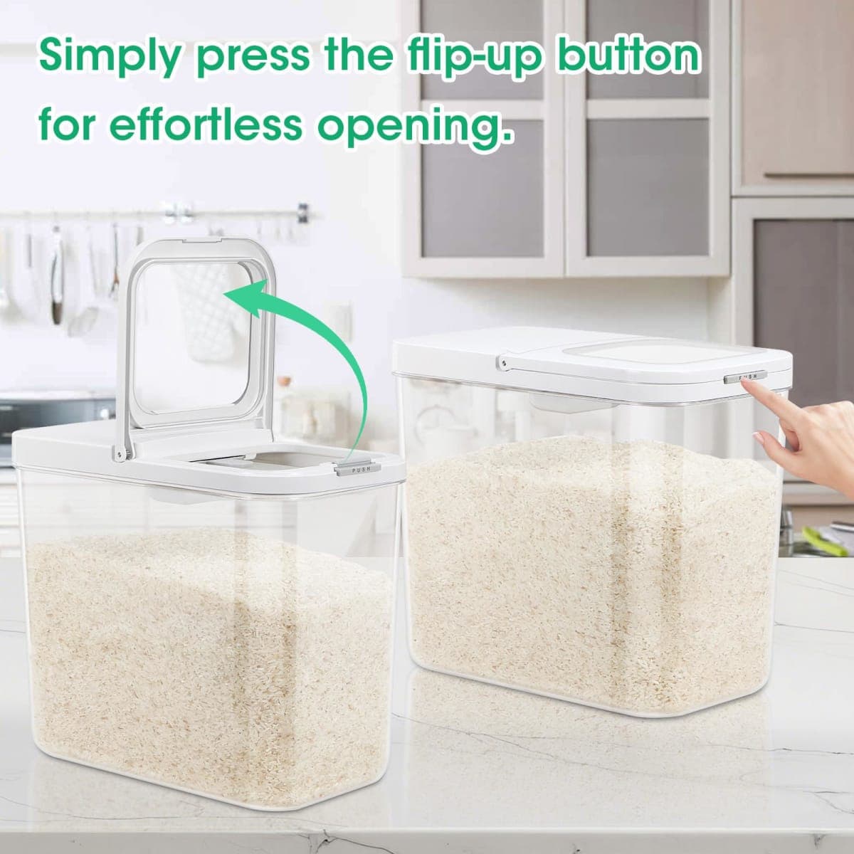 TBMax Rice Flour Storage Container with Automatic Flip-up Lid 13 Lbs | 6.5 Qt, Short and Narrow Food Storage Flour Bin for Kitchen Drwer Organization, Pet Dog Cat Food Storage Container thumbnail 2
