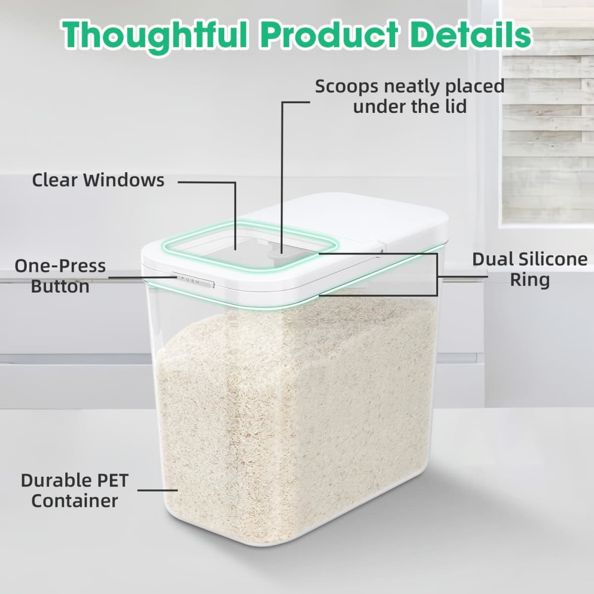 TBMax Rice Flour Storage Container with Automatic Flip-up Lid 13 Lbs | 6.5 Qt, Short and Narrow Food Storage Flour Bin for Kitchen Drwer Organization, Pet Dog Cat Food Storage Container thumbnail 4