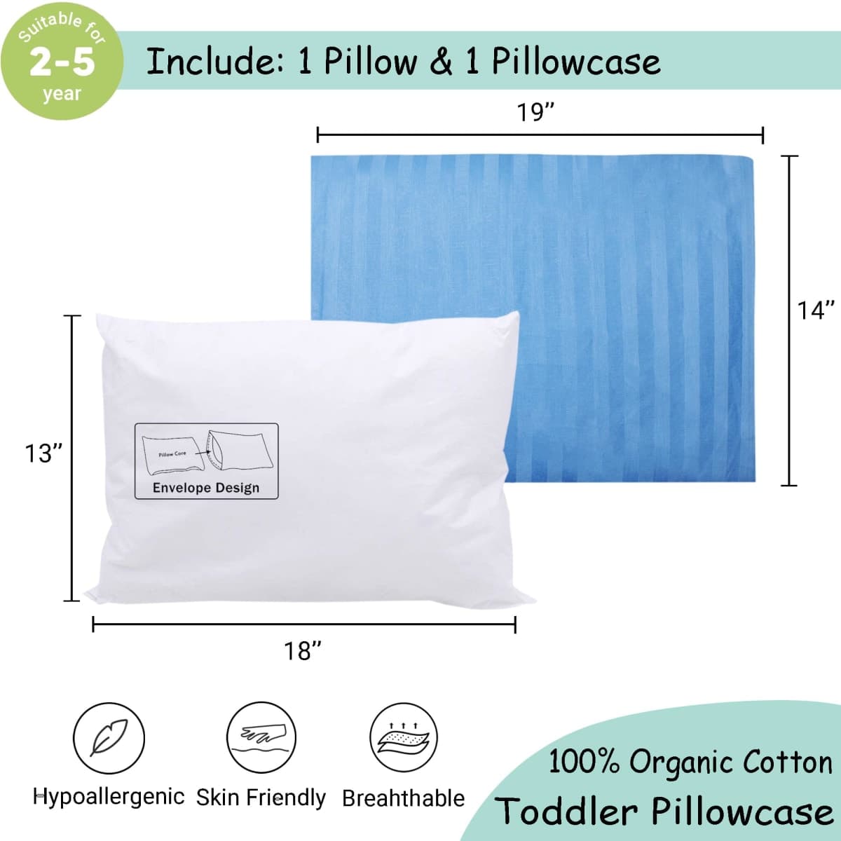 ZPECC Toddler Pillow with Pillowcase - 13x18 Organic Cotton Hypoallergenic Kids Pillow, Baby Essentials for Travel Crib Daycare Stroller (Intended for Age 2 and up) Blue Stripe thumbnail 2