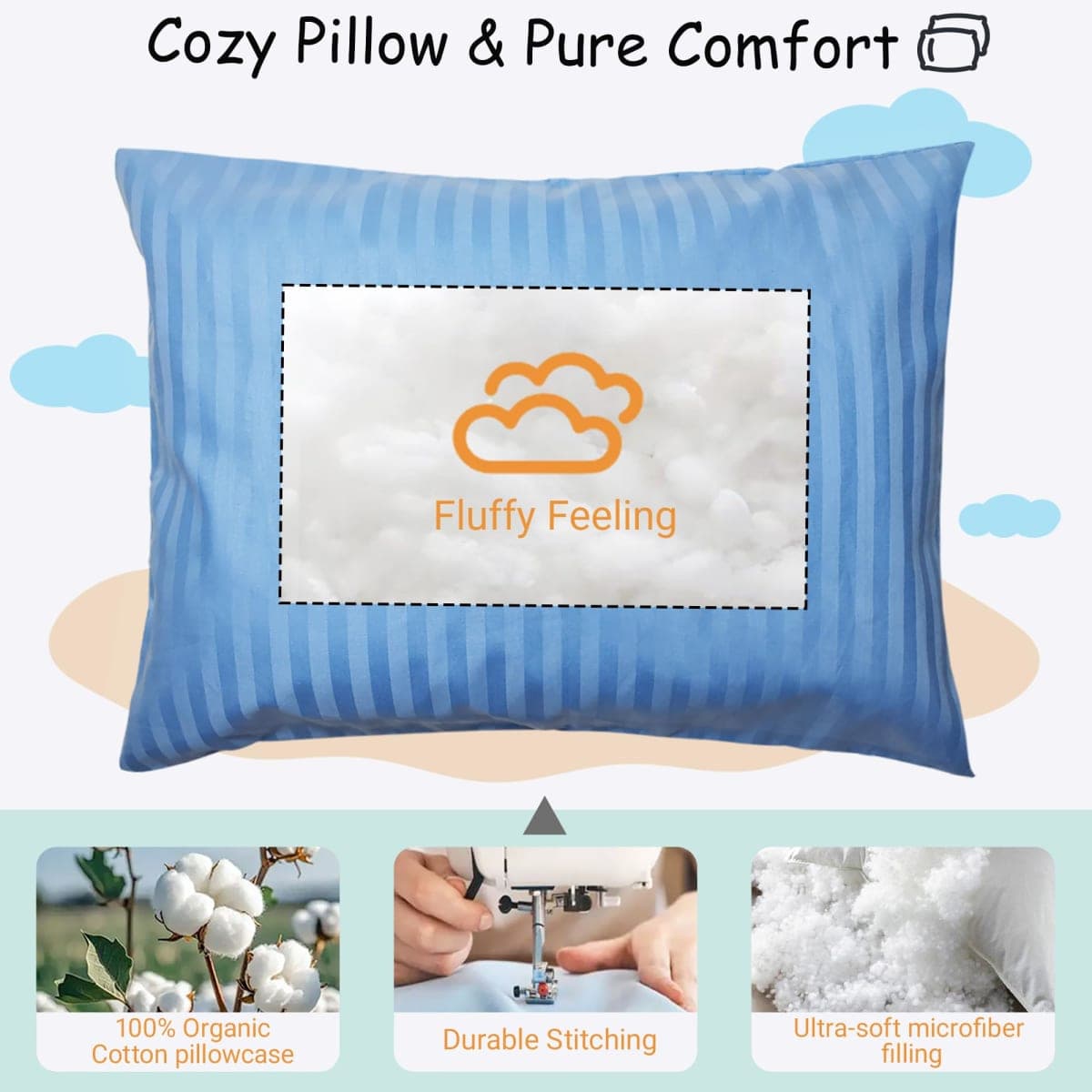 ZPECC Toddler Pillow with Pillowcase - 13x18 Organic Cotton Hypoallergenic Kids Pillow, Baby Essentials for Travel Crib Daycare Stroller (Intended for Age 2 and up) Blue Stripe thumbnail 5