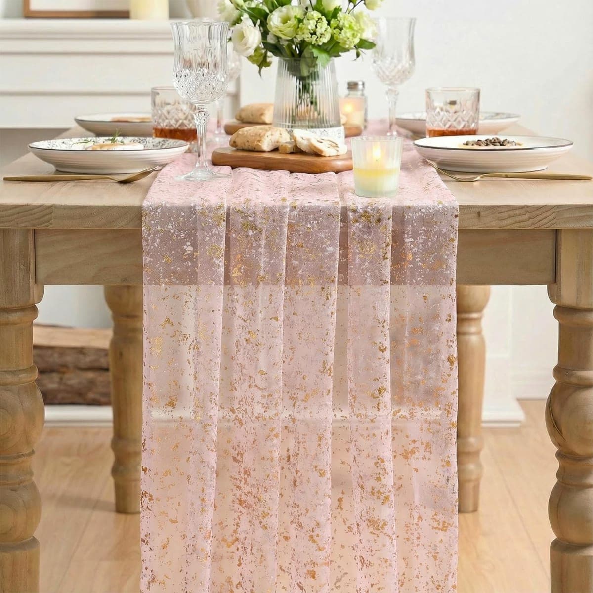 Artoid Mode Gold Gauze Pink Table Runner 120 Inch 10FT, Glitter Metallic Foil Sheer Dining Wedding Anniversary Holiday Birthday Table Decor for Home Party thumbnail 2