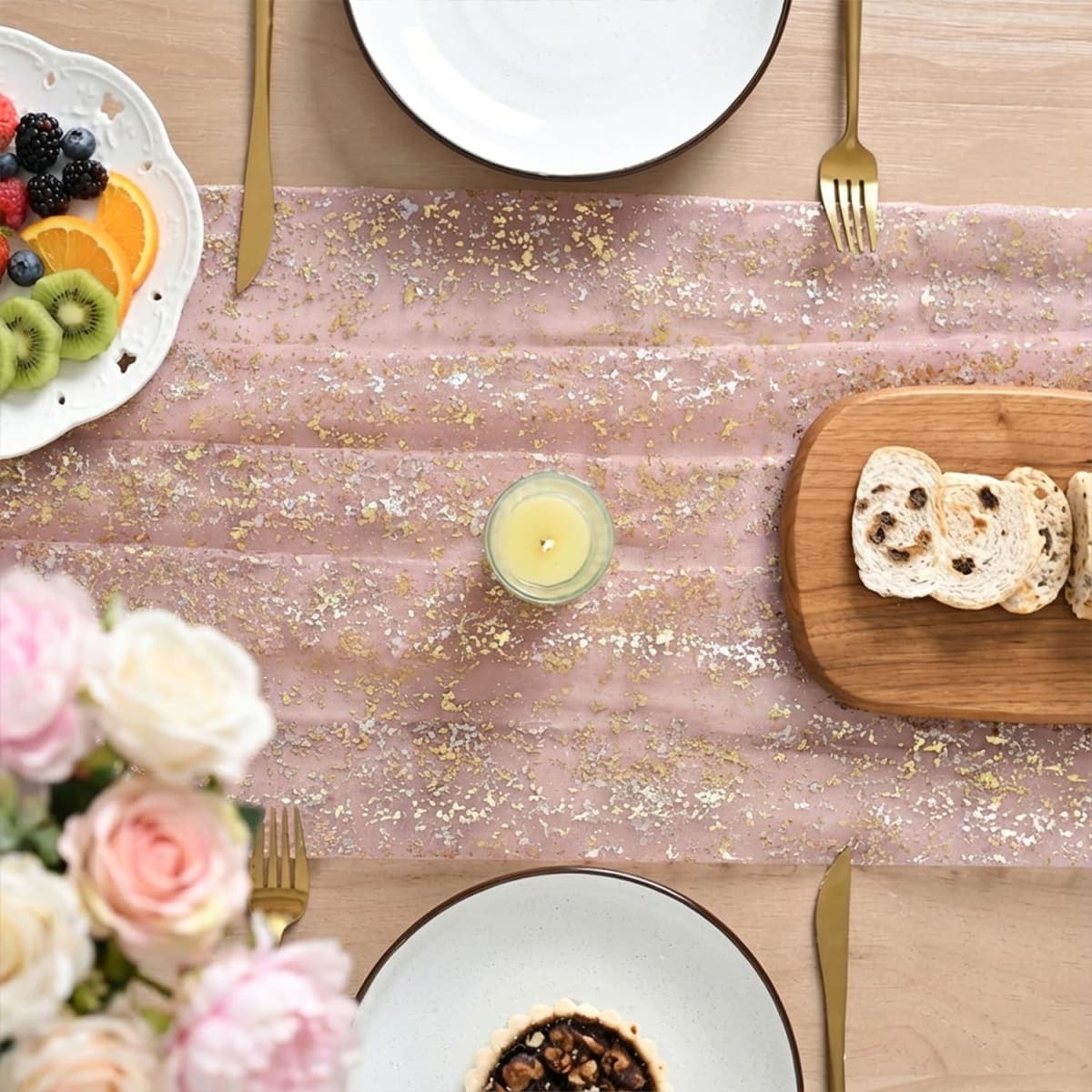 Artoid Mode Gold Gauze Pink Table Runner 120 Inch 10FT, Glitter Metallic Foil Sheer Dining Wedding Anniversary Holiday Birthday Table Decor for Home Party thumbnail 3