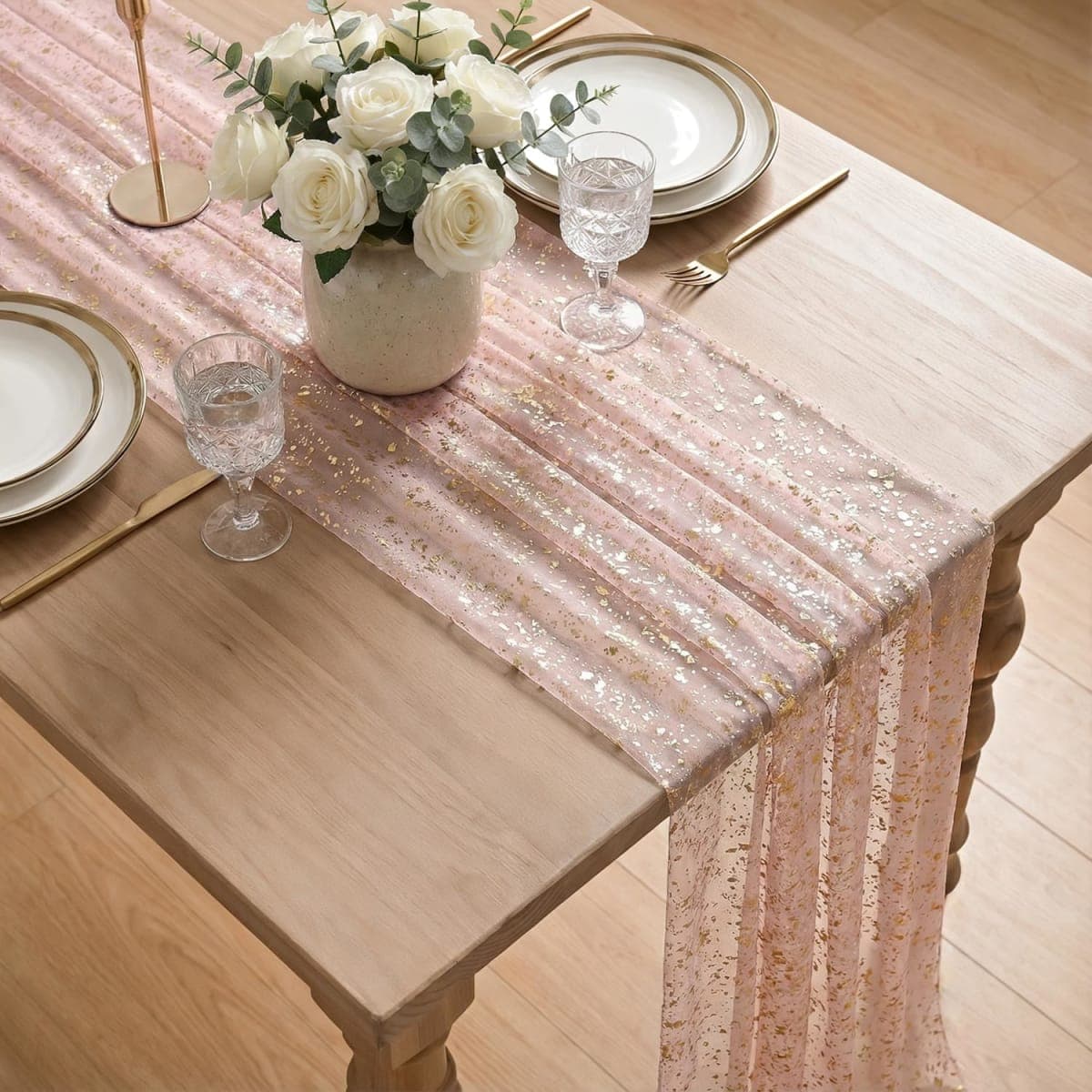 Artoid Mode Gold Gauze Pink Table Runner 120 Inch 10FT, Glitter Metallic Foil Sheer Dining Wedding Anniversary Holiday Birthday Table Decor for Home Party thumbnail 4