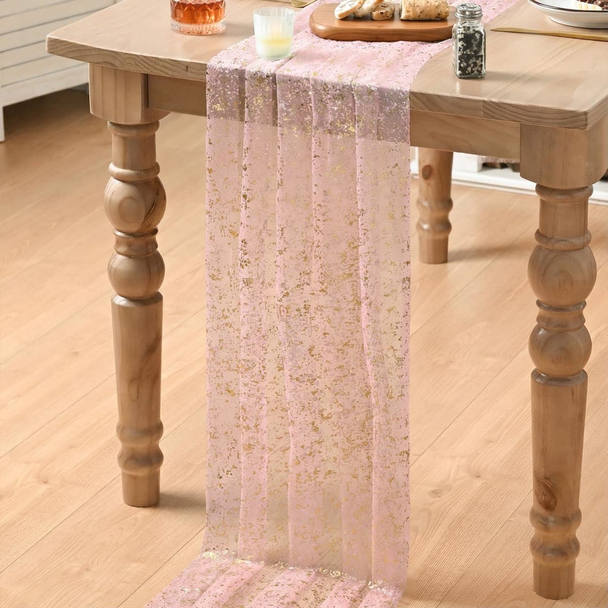 Artoid Mode Gold Gauze Pink Table Runner 120 Inch 10FT, Glitter Metallic Foil Sheer Dining Wedding Anniversary Holiday Birthday Table Decor for Home Party thumbnail 5