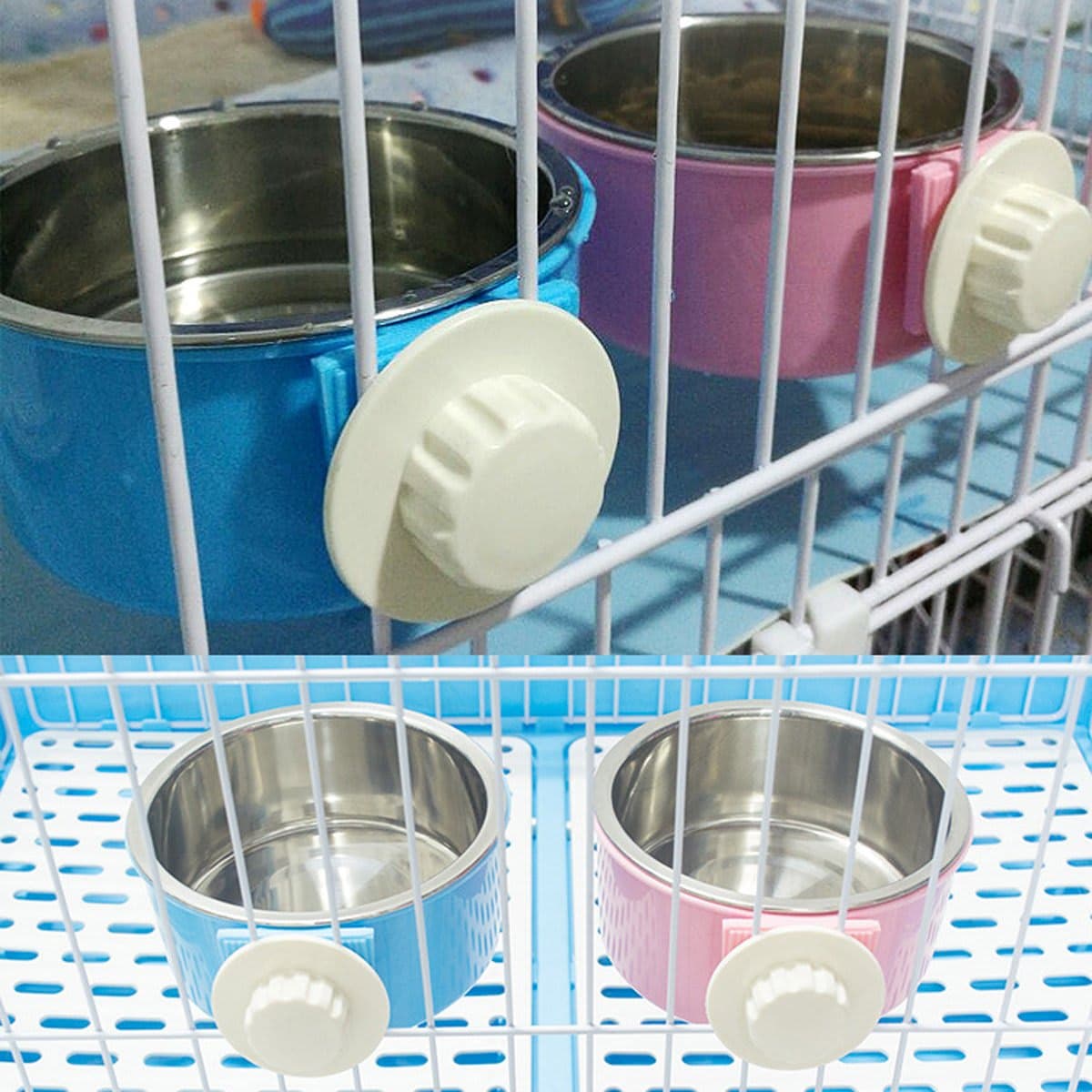 Crate Dog Bowl Removable Stainless Steel Water Food Feeder Bowls Cage Coop Cup for Cat Puppy Bird Pets (Small, Blue) thumbnail 3