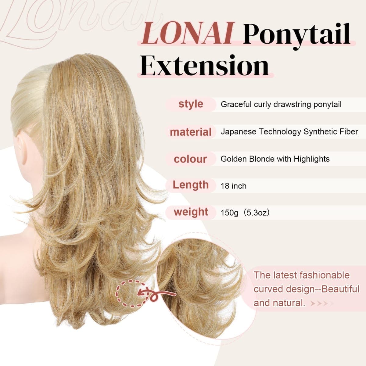 LONAI Ponytail Extension for Women,18 Inch Layered Wavy Pony Tail Hair Extensions, Natural Drawstring Ponytail Synthetic Hairpiece for Daily Wear (Golden Blonde with Highlights) thumbnail 2