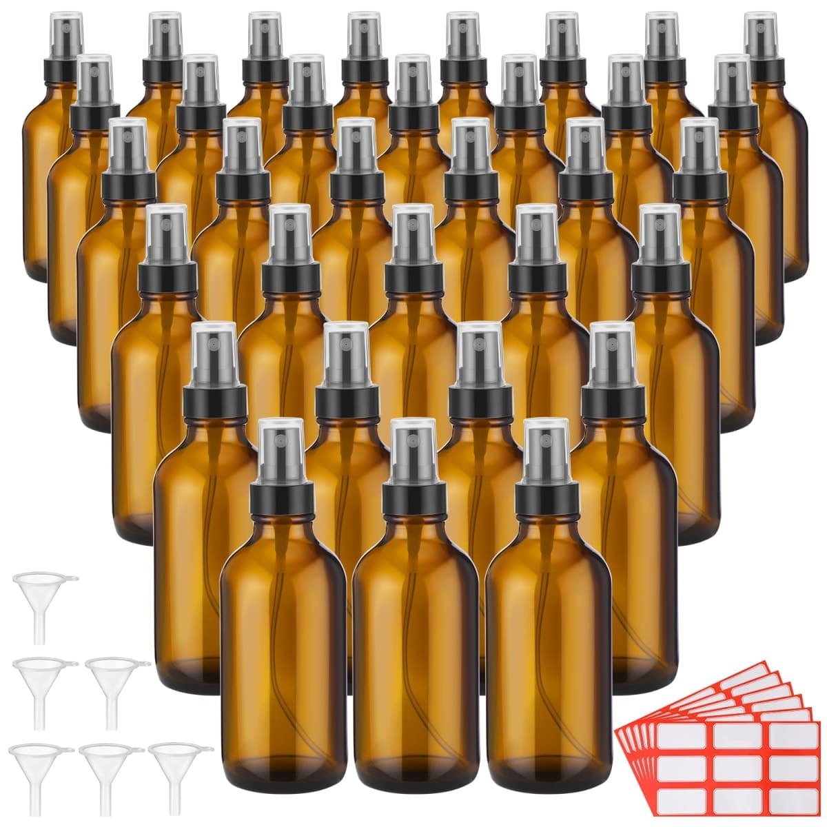 36 Pcs Glass Spray Bottles 4oz Fine Mist Glass Spray Bottle Refillable Liquid Containers with 6 Labels and 6 Funnel for Hair, Travel, Plants, Cleaning Solutions and Skin Care (Amber) — image 1