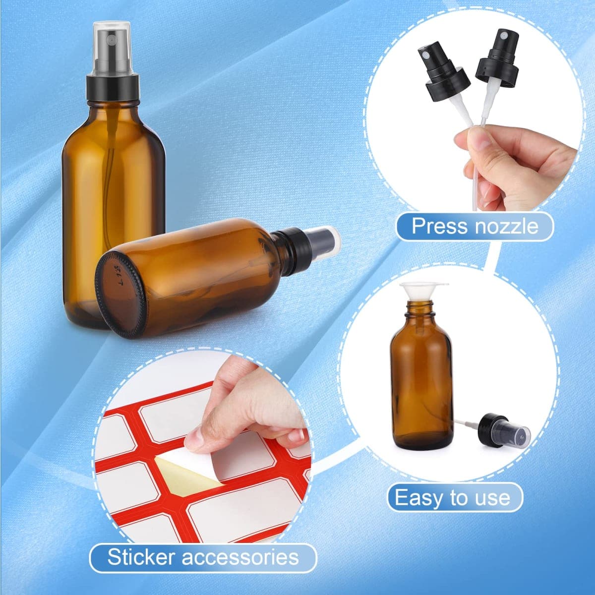 36 Pcs Glass Spray Bottles 4oz Fine Mist Glass Spray Bottle Refillable Liquid Containers with 6 Labels and 6 Funnel for Hair, Travel, Plants, Cleaning Solutions and Skin Care (Amber) thumbnail 5