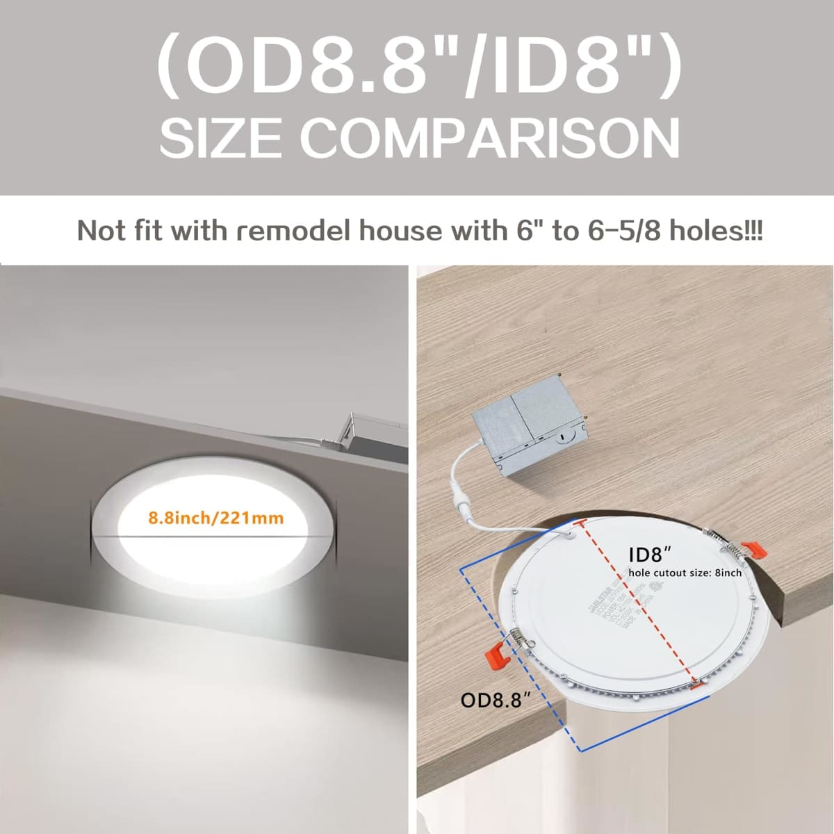 JARLSTAR 8 Inch LED Recessed Light with Junction Box,8 Pack Ultra Thin LED Recessed Lighting.6000K Daylight,No Dimmable,18W 8" Recessed Ceiling Canless Wafer Downlight.Slim Can-Killer Lights,CRI80+ thumbnail 4