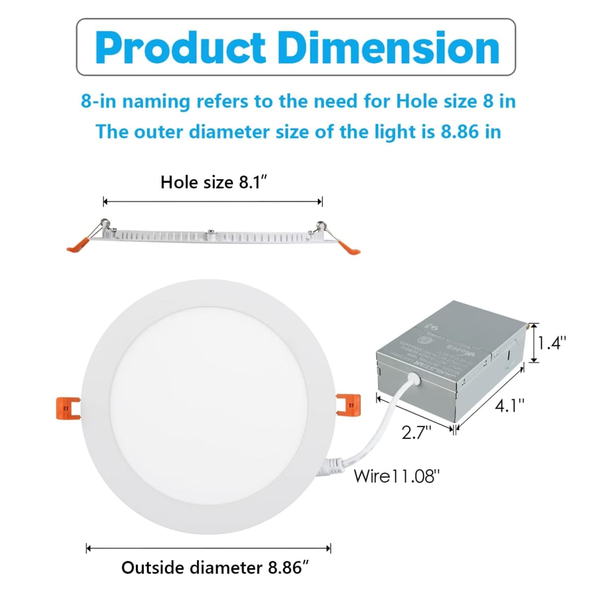 JARLSTAR 8 Inch LED Recessed Light with Junction Box,8 Pack Ultra Thin LED Recessed Lighting.6000K Daylight,No Dimmable,18W 8" Recessed Ceiling Canless Wafer Downlight.Slim Can-Killer Lights,CRI80+ thumbnail 5
