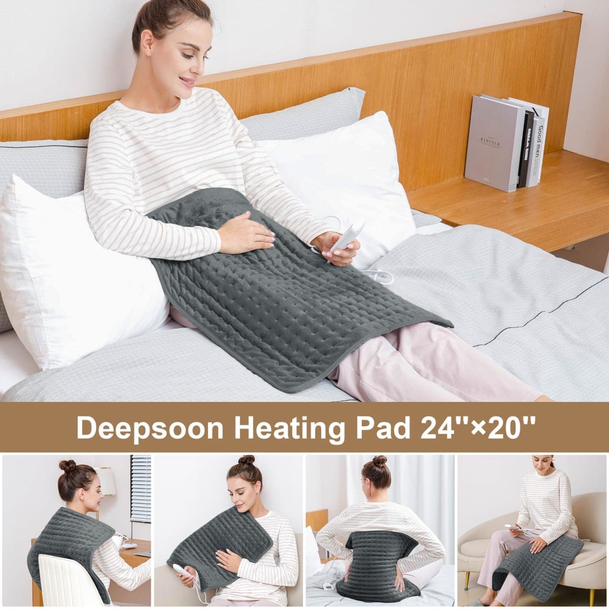 Deepsoon Heating Pad,Electric Heating Pads for Back,Neck,Moist Heating Pad for Abdomen Shoulder Knee Legs,Dry/Moist Heat&Auto Shut Off,Mother's Day Birthday for Men and Women,Dark Gray,24x20 Inch thumbnail 2