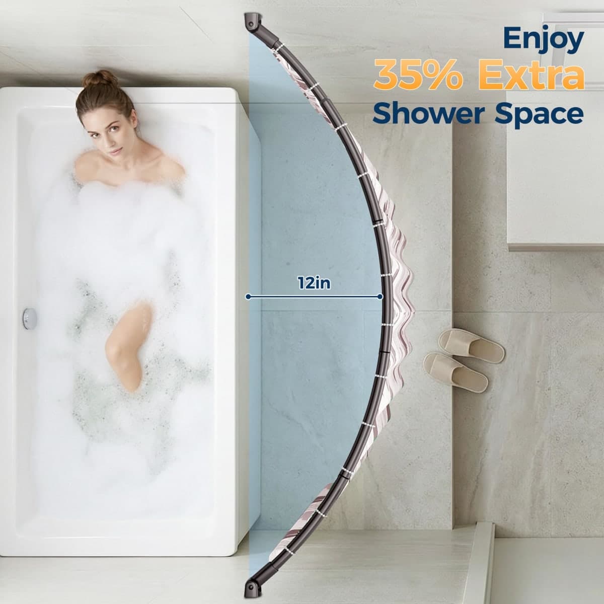 ENJOYBASICS Curved Shower Curtain Rod with Shower Rings, 35-77 Inches Adjustable Round Bathroom Rod for Extra Space, Rustproof, Need to Drill, Silver thumbnail 2