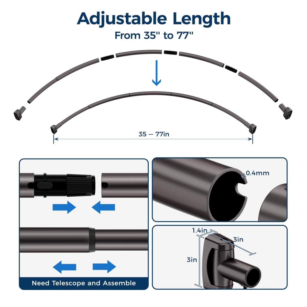 ENJOYBASICS Curved Shower Curtain Rod with Shower Rings, 35-77 Inches Adjustable Round Bathroom Rod for Extra Space, Rustproof, Need to Drill, Silver thumbnail 4