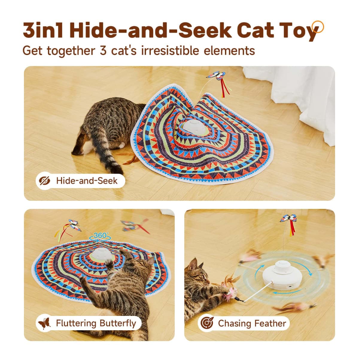 Potaroma Cat Toys Rechargeable, 3-in-1 Hide and See, Automatic Interactive Cats Toy, Fluttering Butterfly, Moving Ambush Feather, Kitten Wand Toy, Indoor Exercise Cat Kicker 22.8 Inches Cover thumbnail 2