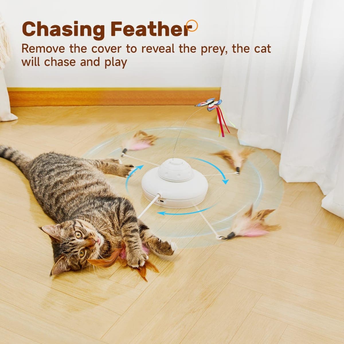Potaroma Cat Toys Rechargeable, 3-in-1 Hide and See, Automatic Interactive Cats Toy, Fluttering Butterfly, Moving Ambush Feather, Kitten Wand Toy, Indoor Exercise Cat Kicker 22.8 Inches Cover thumbnail 5
