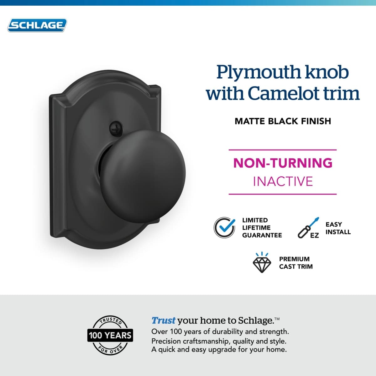 Schlage F170 PLY 622 CAM Plymouth Door Knob with Camelot Trim, One-Sided Non-Turning Dummy Handle, Matte Black thumbnail 2