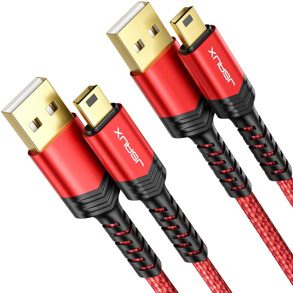 JSAUX Mini USB Cable[2-Pack 3.3ft+6.6ft], USB 2.0 Type A to Mini B Fast Charging Braided Cord Compatible with Blue Yeti Microphone Garmin Nuvi GPS 50 55 Ti-84 Plus CE Canon Rebel t7 Camera Gopro Red — image 1