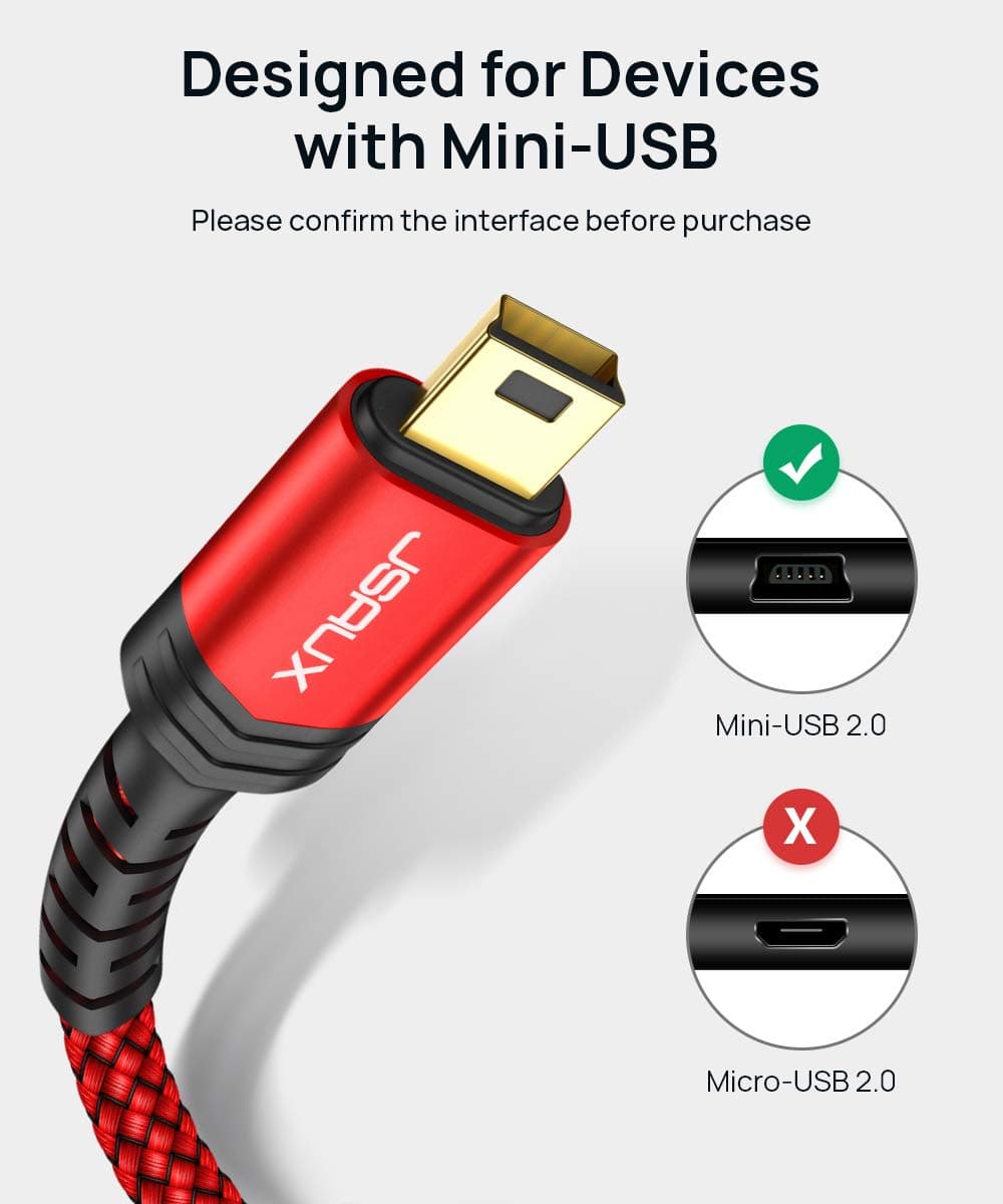 JSAUX Mini USB Cable[2-Pack 3.3ft+6.6ft], USB 2.0 Type A to Mini B Fast Charging Braided Cord Compatible with Blue Yeti Microphone Garmin Nuvi GPS 50 55 Ti-84 Plus CE Canon Rebel t7 Camera Gopro Red thumbnail 2