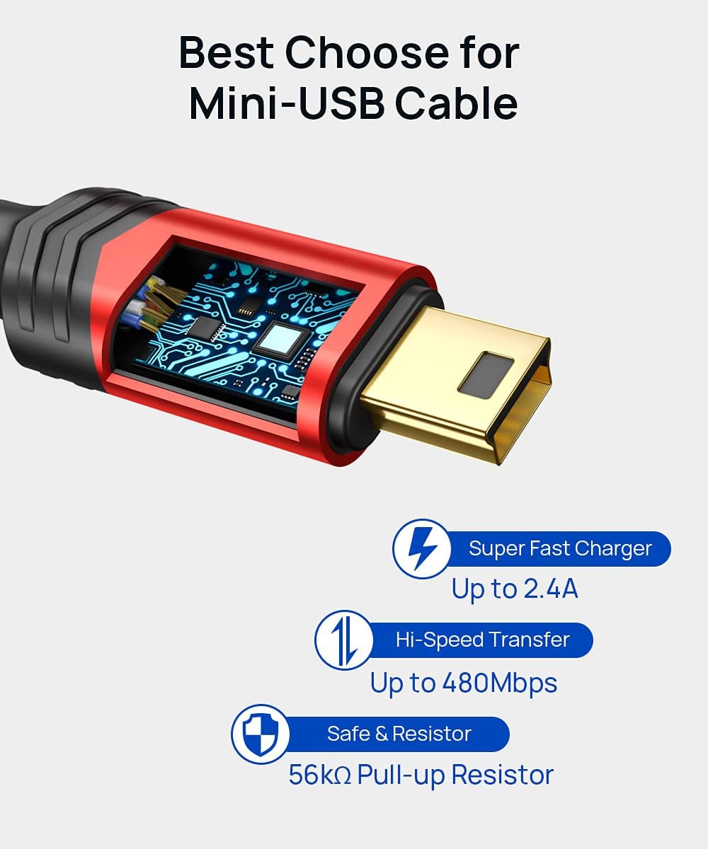 JSAUX Mini USB Cable[2-Pack 3.3ft+6.6ft], USB 2.0 Type A to Mini B Fast Charging Braided Cord Compatible with Blue Yeti Microphone Garmin Nuvi GPS 50 55 Ti-84 Plus CE Canon Rebel t7 Camera Gopro Red thumbnail 5
