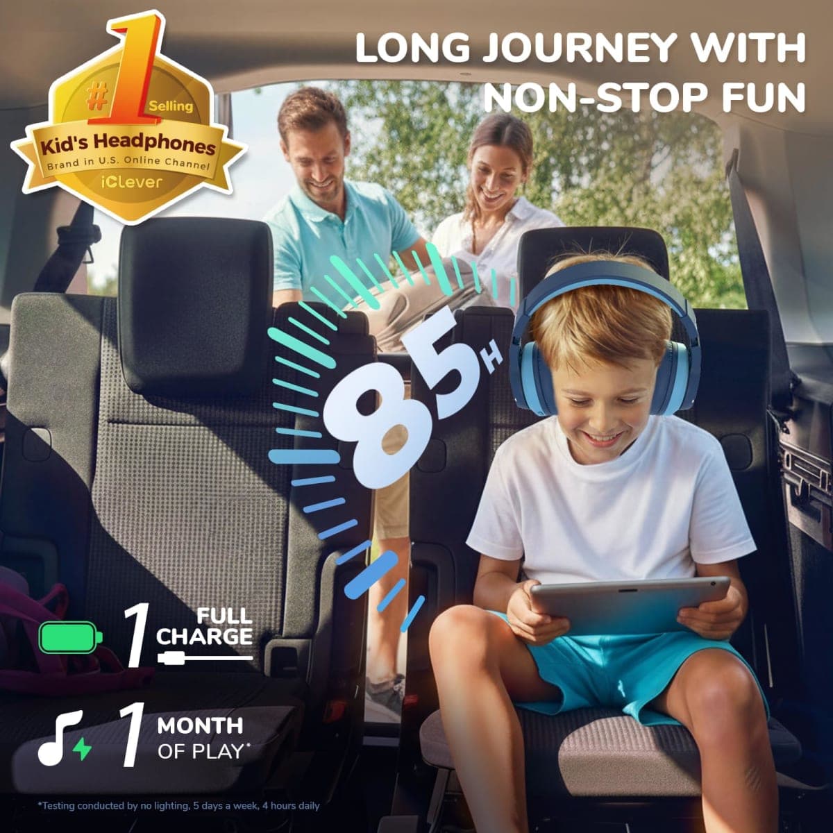 iClever BTH12 Kids Headphones Wireless with Colorful LED Lights, Kids Bluetooth5.2 Headphones, 74/85dBA Volume Limited & 85H Playtime, Over Ear Headphone & Mic for iPad/Tablet/Airplane/Travel, Blue thumbnail 2