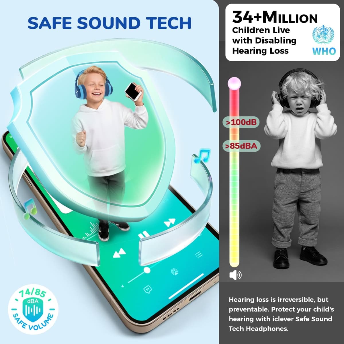 iClever BTH12 Kids Headphones Wireless with Colorful LED Lights, Kids Bluetooth5.2 Headphones, 74/85dBA Volume Limited & 85H Playtime, Over Ear Headphone & Mic for iPad/Tablet/Airplane/Travel, Blue thumbnail 3