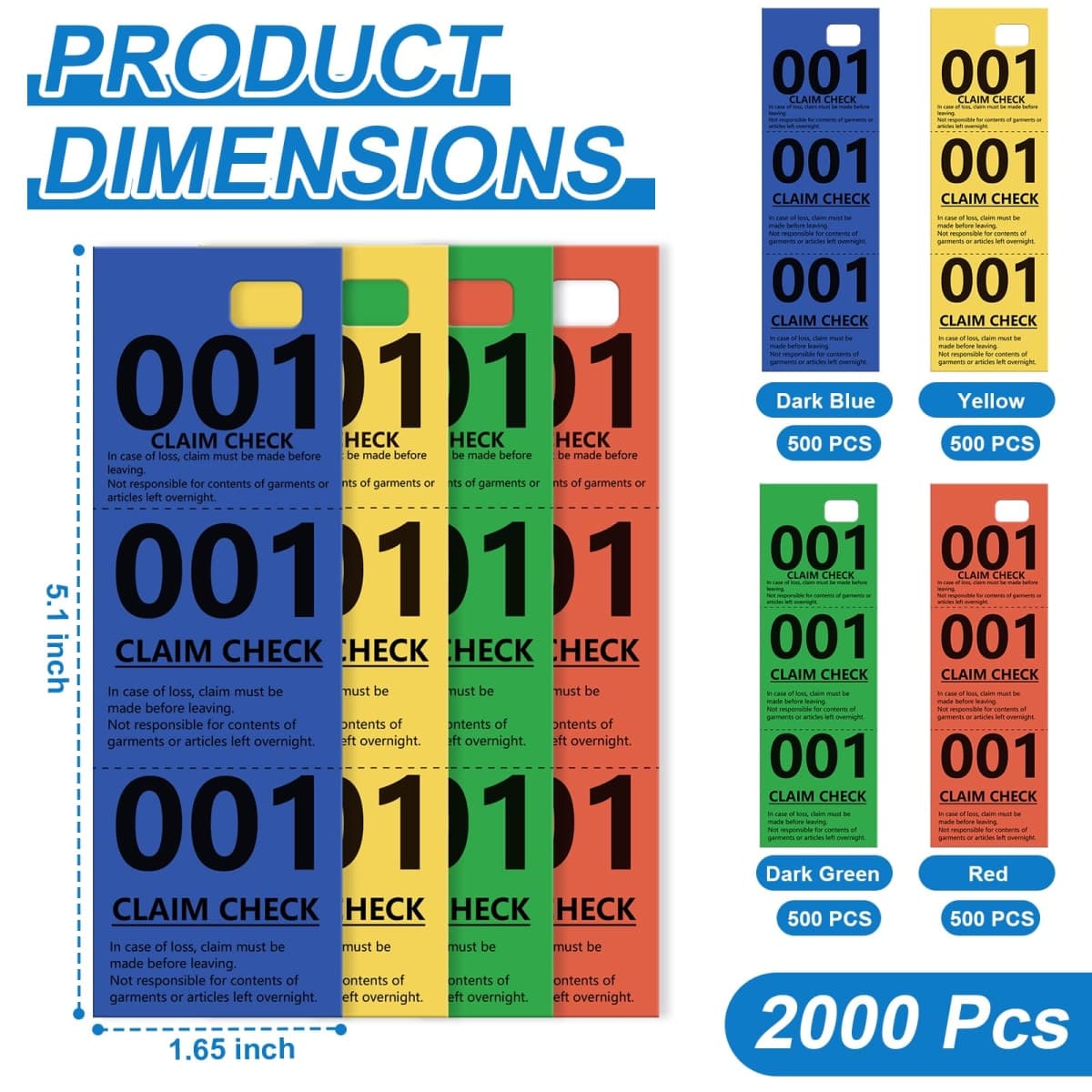 2000 Pcs Coat Check Tickets Multi Color Paper Coat Room Check Tags Perforated Tear-Off Coat Check Numbers 3 Part Claim Tags for Clothing (2000, Dark Blue&Yellow&Dark Green&Red, 1.7 * 5.1inch) thumbnail 2