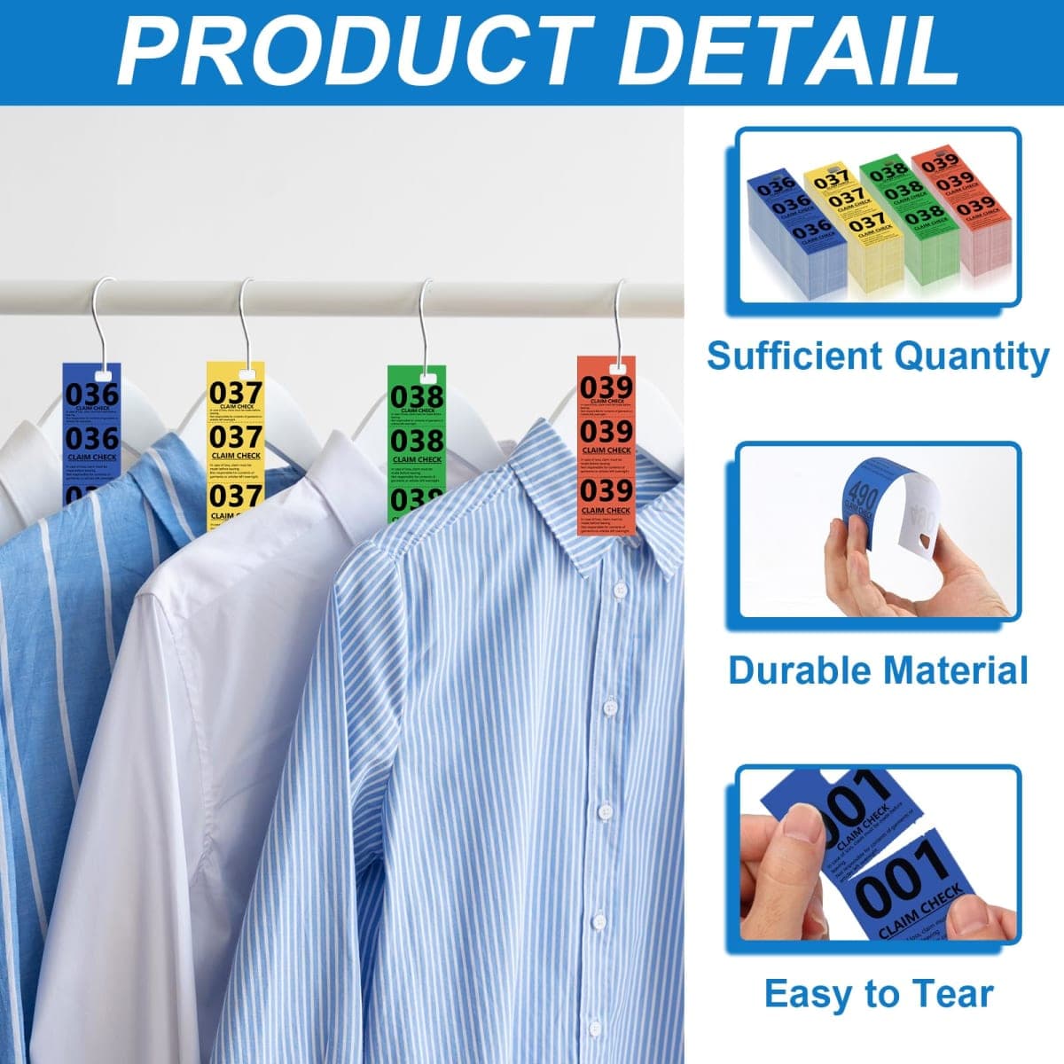 2000 Pcs Coat Check Tickets Multi Color Paper Coat Room Check Tags Perforated Tear-Off Coat Check Numbers 3 Part Claim Tags for Clothing (2000, Dark Blue&Yellow&Dark Green&Red, 1.7 * 5.1inch) thumbnail 3