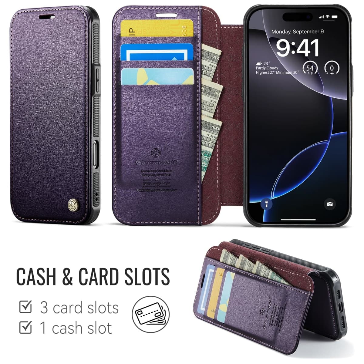 PlusnapX for iPhone 16 Pro Max Case Wallet Compatible with Magsafe, PU Leather Flip RFID Blocking Card Holder Stand Shockproof Magnetic Women Men Wallet Phone Case Cover for iPhone 16 Pro Max, Purple thumbnail 2