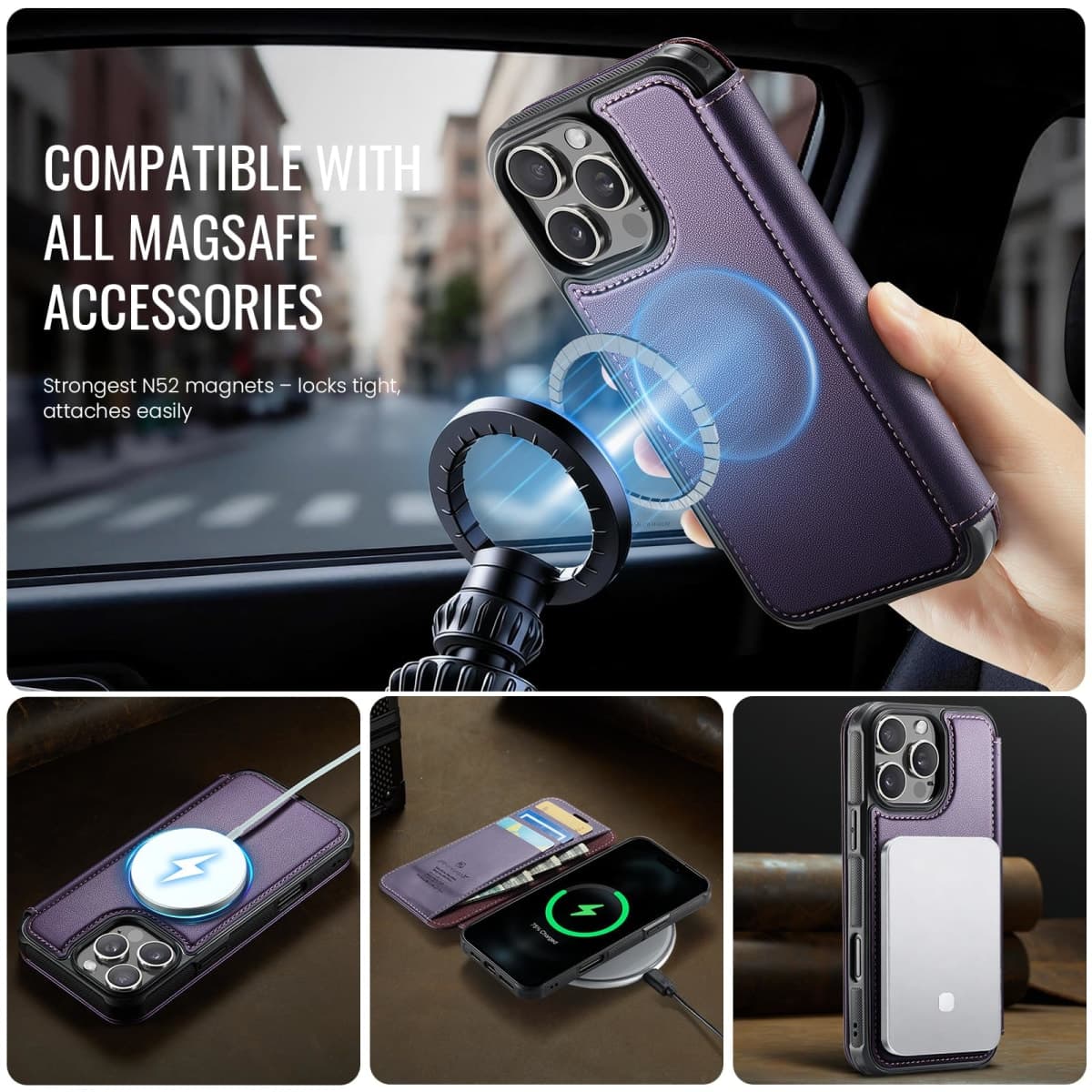 PlusnapX for iPhone 16 Pro Max Case Wallet Compatible with Magsafe, PU Leather Flip RFID Blocking Card Holder Stand Shockproof Magnetic Women Men Wallet Phone Case Cover for iPhone 16 Pro Max, Purple thumbnail 3