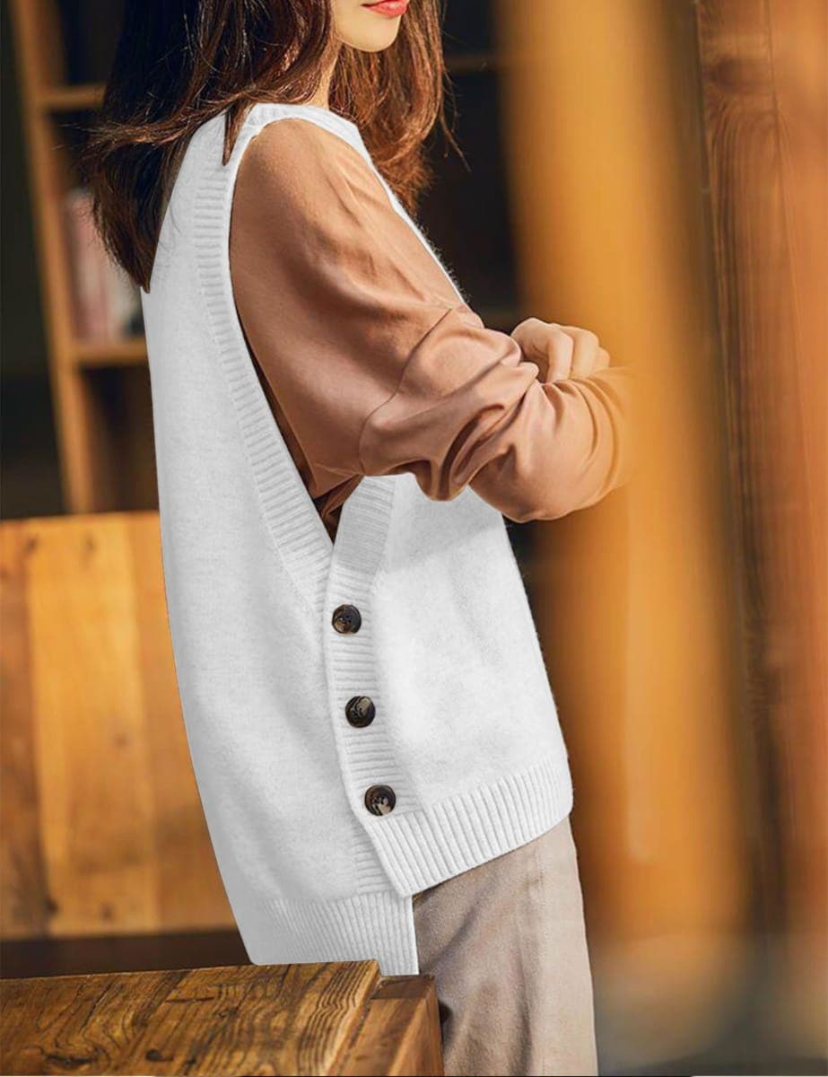 HangNiFang Women's Round Neck Sleeveless Pullover Ribbed Knit Sweater Vest Top, White, Small thumbnail 2