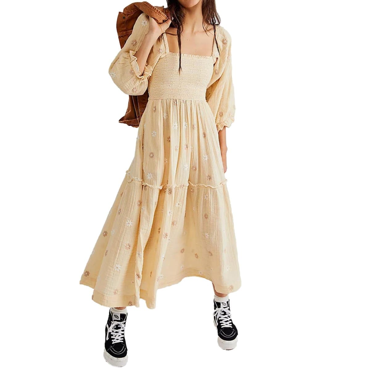 ABYOVRT Women Floral Embroidered Maxi Dress Long Puff Sleeve Square Neck Bohemian Flowy Dress with Pockets Smocked Fall Dress, Beige, Large — image 1