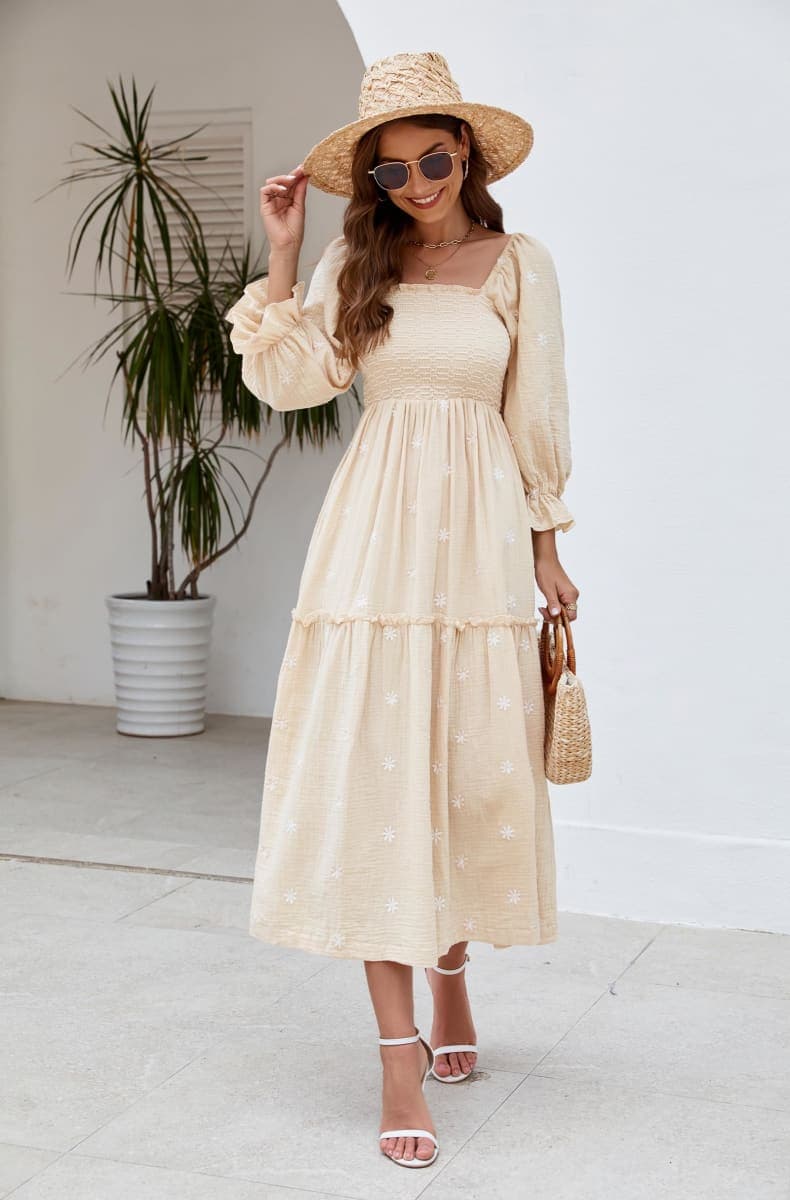 ABYOVRT Women Floral Embroidered Maxi Dress Long Puff Sleeve Square Neck Bohemian Flowy Dress with Pockets Smocked Fall Dress, Beige, Large thumbnail 3