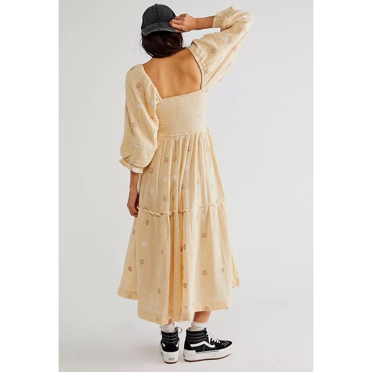 ABYOVRT Women Floral Embroidered Maxi Dress Long Puff Sleeve Square Neck Bohemian Flowy Dress with Pockets Smocked Fall Dress, Beige, Large thumbnail 4