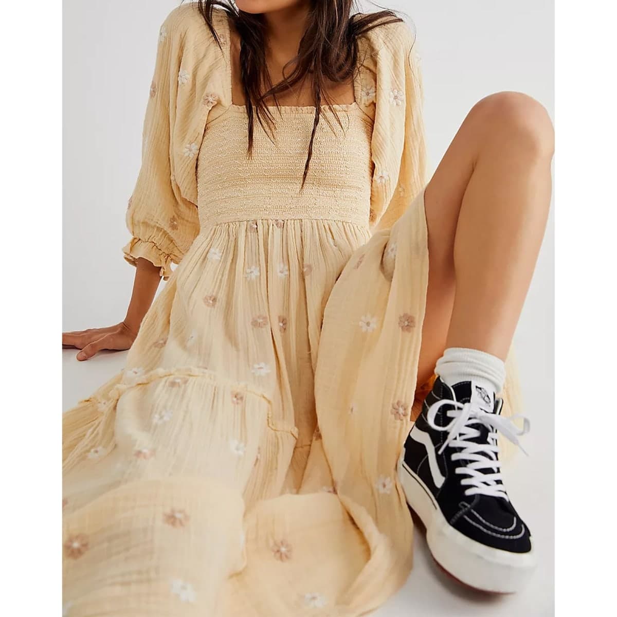 ABYOVRT Women Floral Embroidered Maxi Dress Long Puff Sleeve Square Neck Bohemian Flowy Dress with Pockets Smocked Fall Dress, Beige, Large thumbnail 5