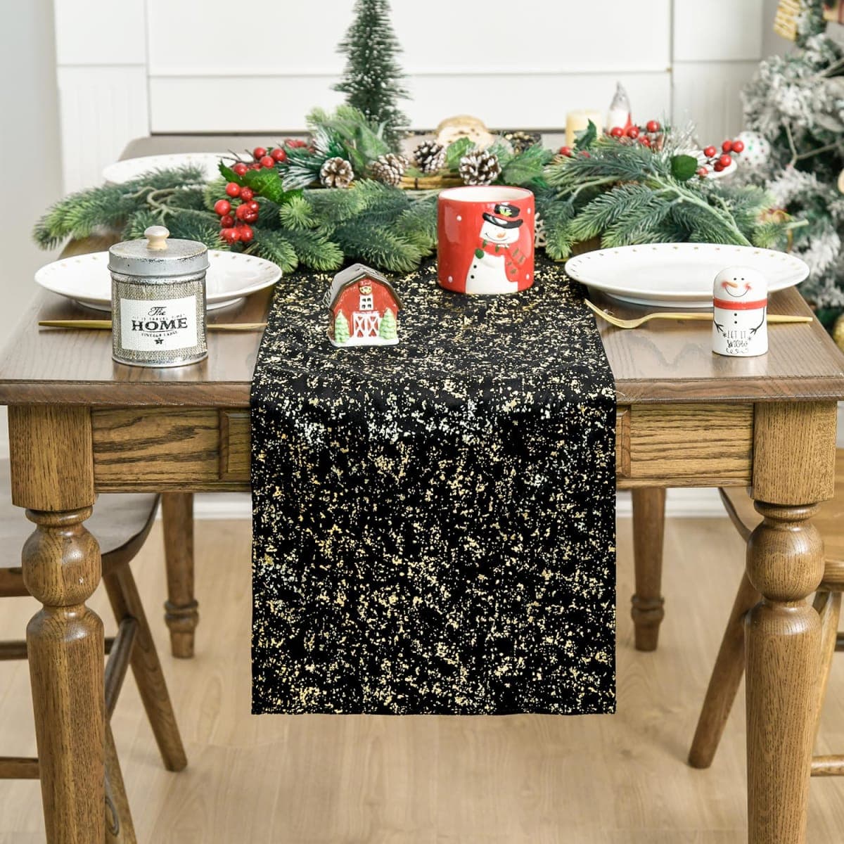 Artoid Mode Black Dutch Fleece Table Runner, Glitter Metallic Foil Holiday Kitchen Dining Table Decoration for Home Party Decor 13x90 Inch thumbnail 2