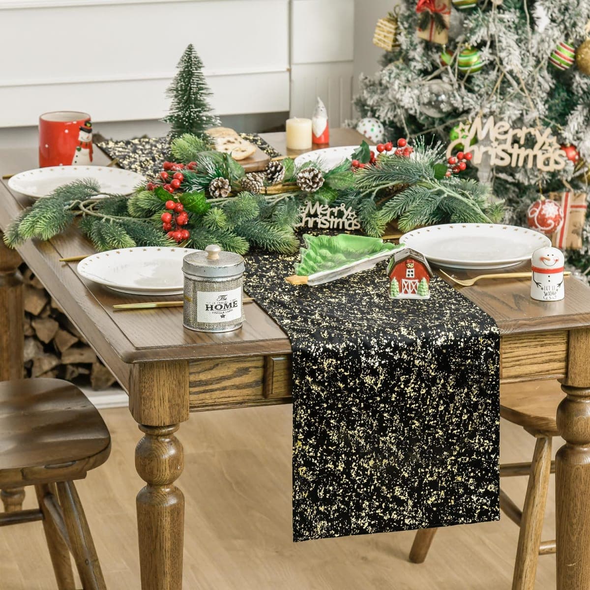 Artoid Mode Black Dutch Fleece Table Runner, Glitter Metallic Foil Holiday Kitchen Dining Table Decoration for Home Party Decor 13x90 Inch thumbnail 4