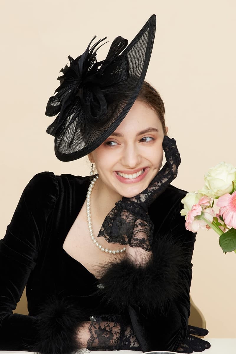 Gionforsy Fascinator Hat Feather Derby Tea Party Hat with Lace Gloves Pearl Necklace for Wedding thumbnail 2