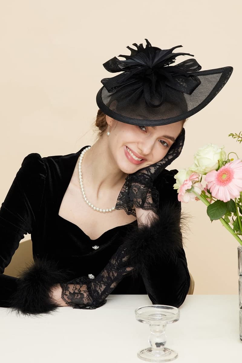 Gionforsy Fascinator Hat Feather Derby Tea Party Hat with Lace Gloves Pearl Necklace for Wedding thumbnail 3