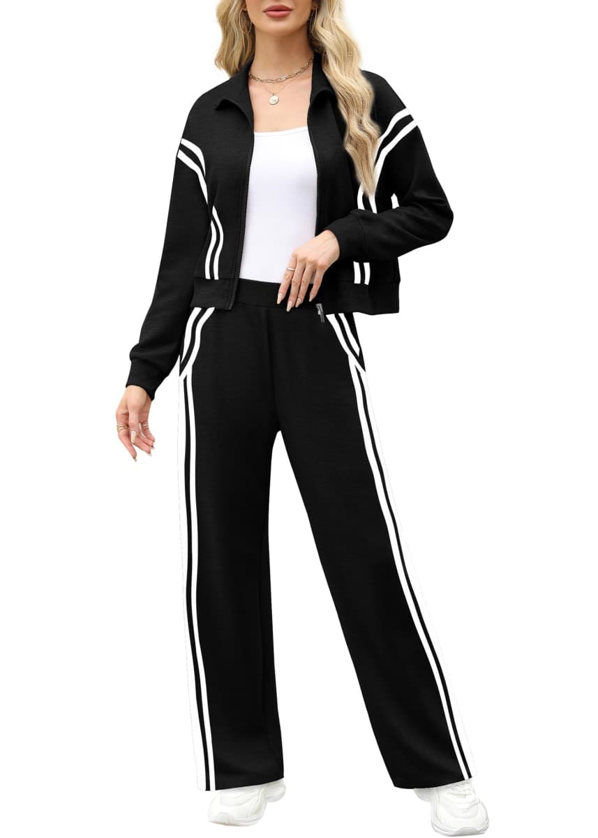 XIEERDUO Lounge Sets for Women 2024 2 Piece Sets Zip Up Tracksuit Sweatsuits Airport Outfits wide leg sweatpants Black L, Black Splice, Large thumbnail 2