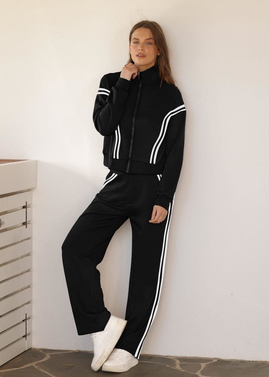 XIEERDUO Lounge Sets for Women 2024 2 Piece Sets Zip Up Tracksuit Sweatsuits Airport Outfits wide leg sweatpants Black L, Black Splice, Large thumbnail 3