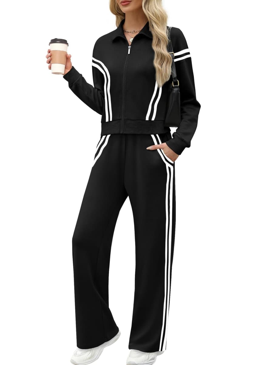 XIEERDUO Lounge Sets for Women 2024 2 Piece Sets Zip Up Tracksuit Sweatsuits Airport Outfits wide leg sweatpants Black L, Black Splice, Large thumbnail 4