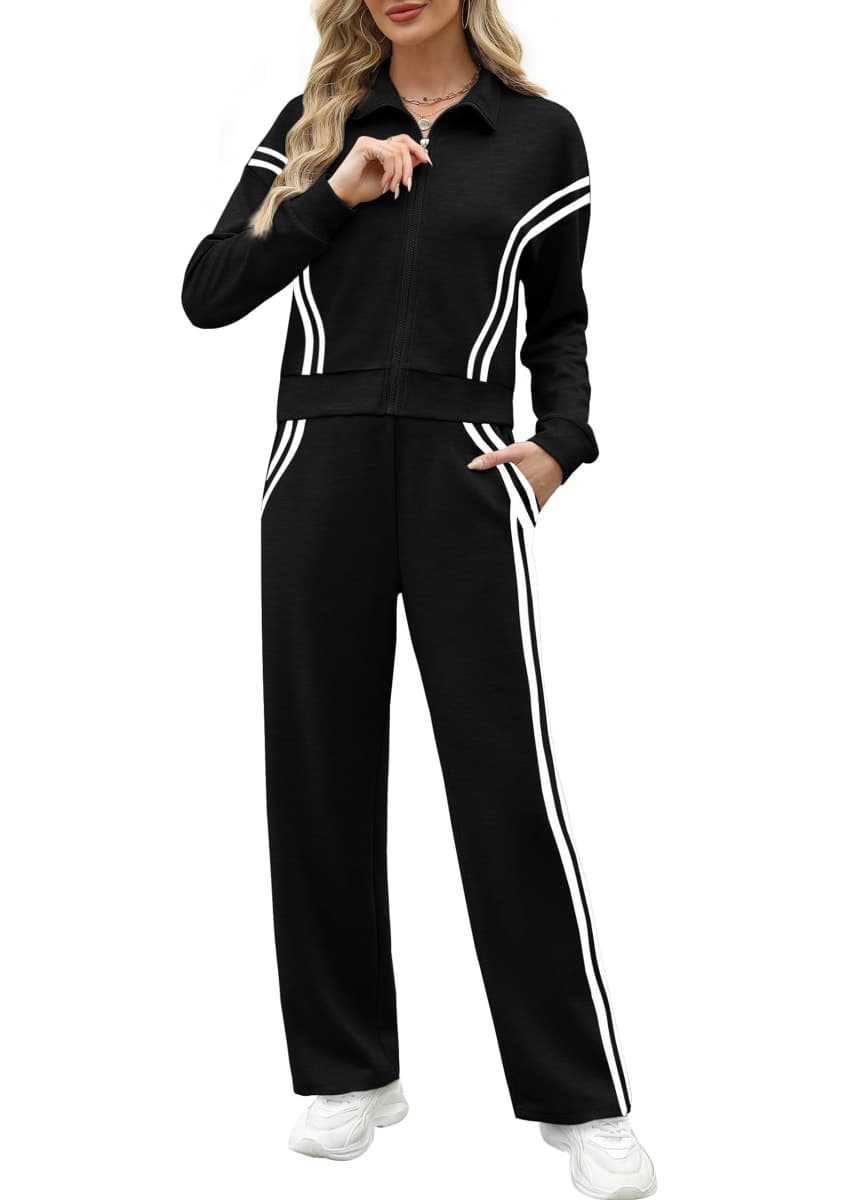 XIEERDUO Lounge Sets for Women 2024 2 Piece Sets Zip Up Tracksuit Sweatsuits Airport Outfits wide leg sweatpants Black L, Black Splice, Large thumbnail 5