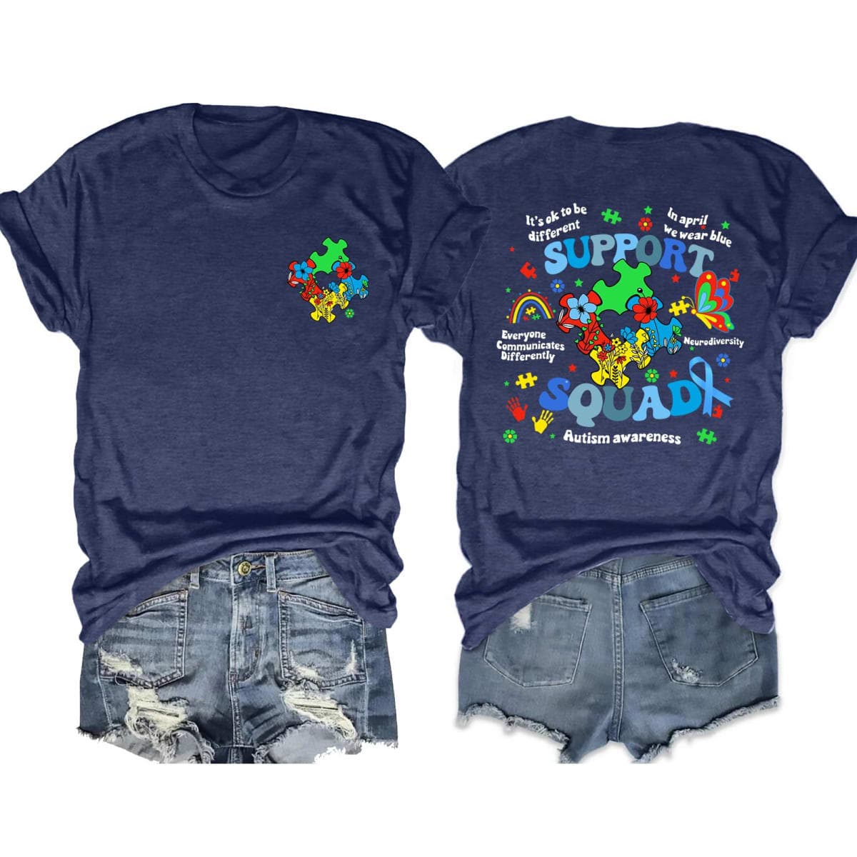 Autism Awareness Shirt for Women Autism Support Tshirt I Am Ausome T-Shirt Puzzle Piece Short Sleeve Tops(DarkBlue2,Large) — image 1