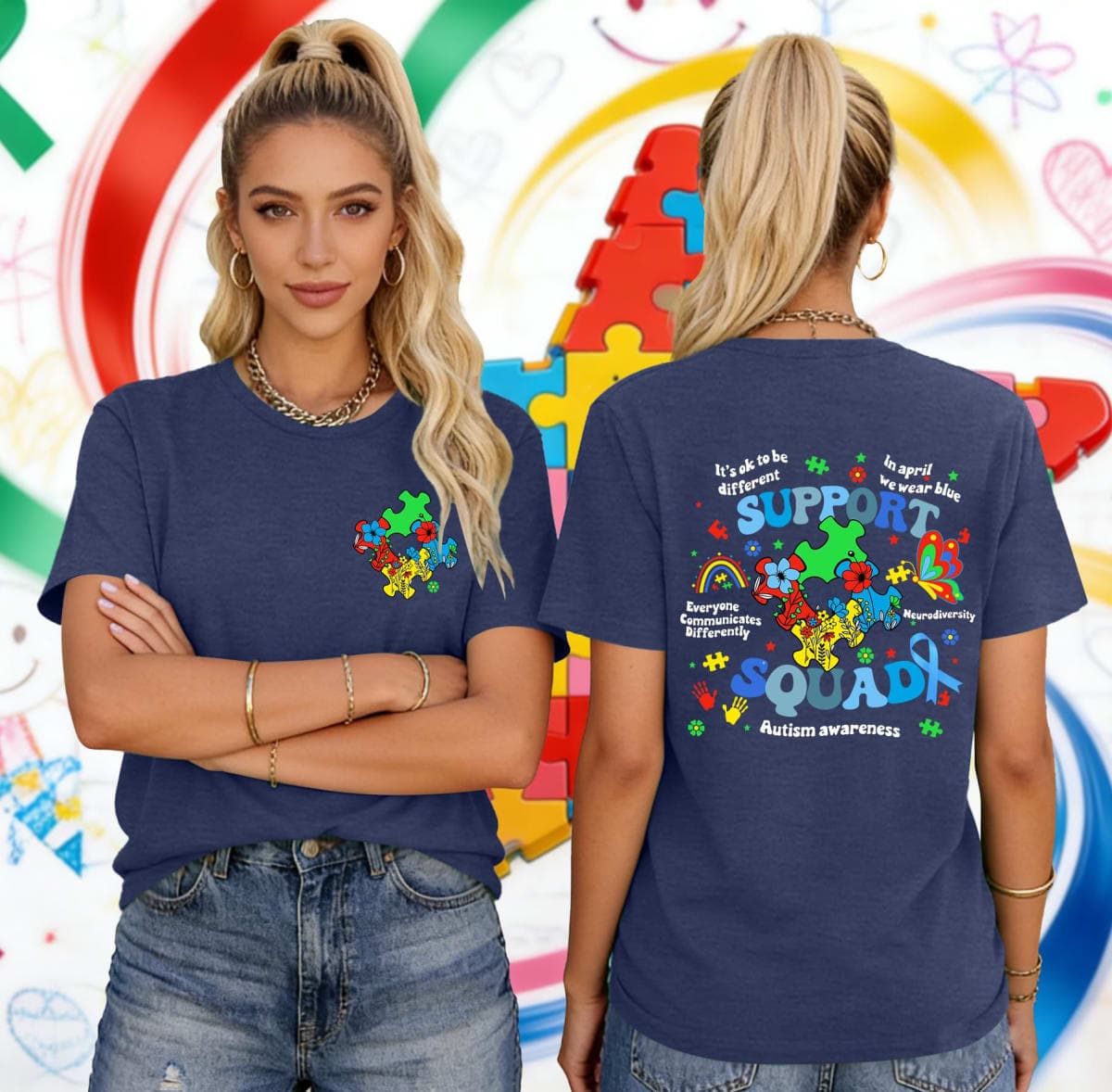 Autism Awareness Shirt for Women Autism Support Tshirt I Am Ausome T-Shirt Puzzle Piece Short Sleeve Tops(DarkBlue2,Large) thumbnail 2