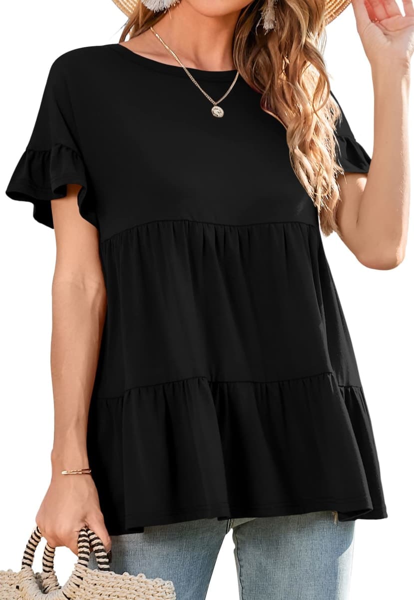 Neineiwu Women's Casual Ruffle Short Sleeve Crewneck Loose Tops Blouses Tunics (XX-Large, Black02) — image 1
