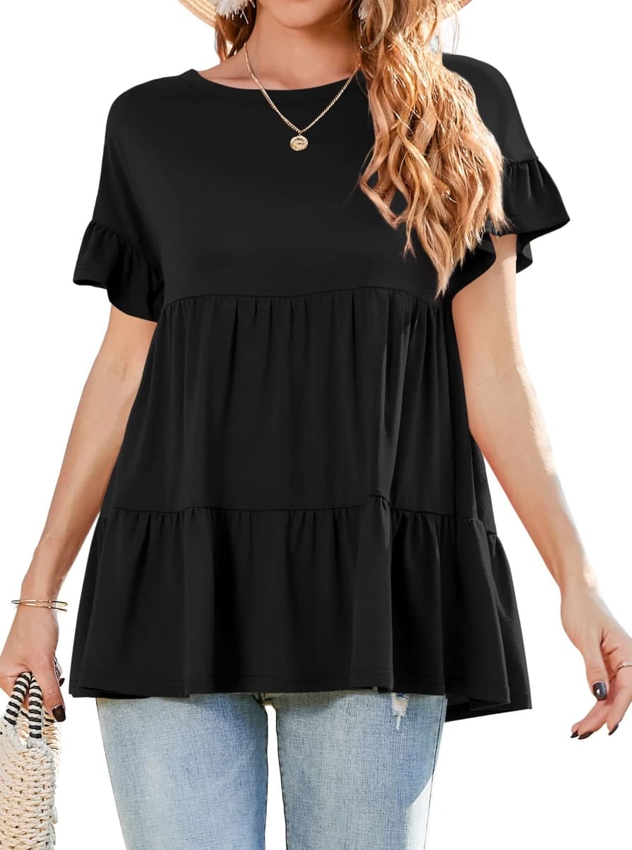 Neineiwu Women's Casual Ruffle Short Sleeve Crewneck Loose Tops Blouses Tunics (XX-Large, Black02) thumbnail 2
