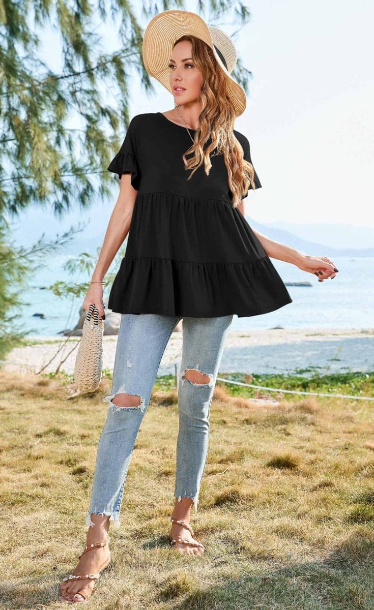 Neineiwu Women's Casual Ruffle Short Sleeve Crewneck Loose Tops Blouses Tunics (XX-Large, Black02) thumbnail 3