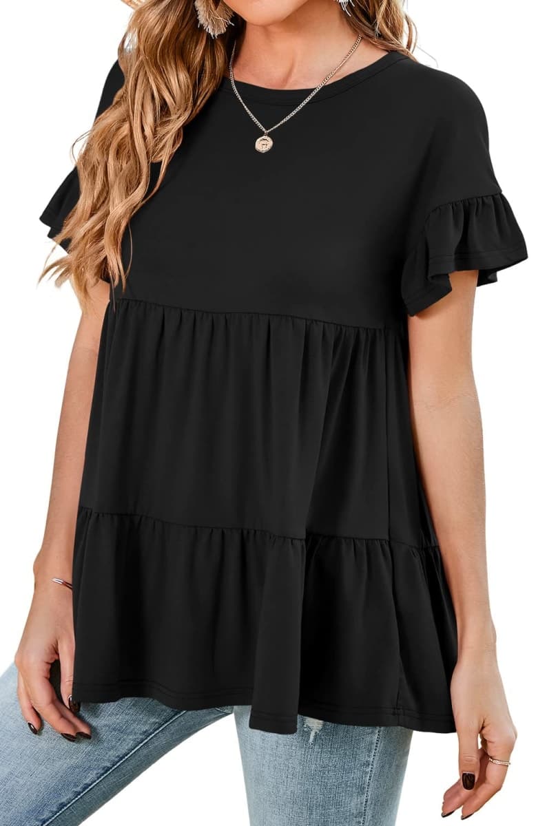 Neineiwu Women's Casual Ruffle Short Sleeve Crewneck Loose Tops Blouses Tunics (XX-Large, Black02) thumbnail 4
