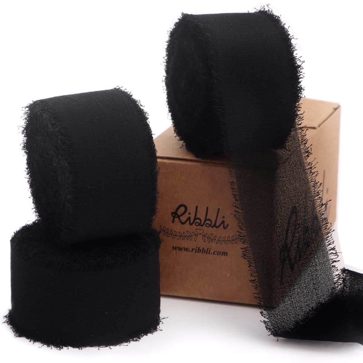 Ribbli Black Ribbon 1 Inch x 3 Rolls Total 24 Yards Handmade Fringe Chiffon Silk Ribbon for Wrapping Wedding Invitations Bridal Bouquets DIY Crafts Home Decor — image 1