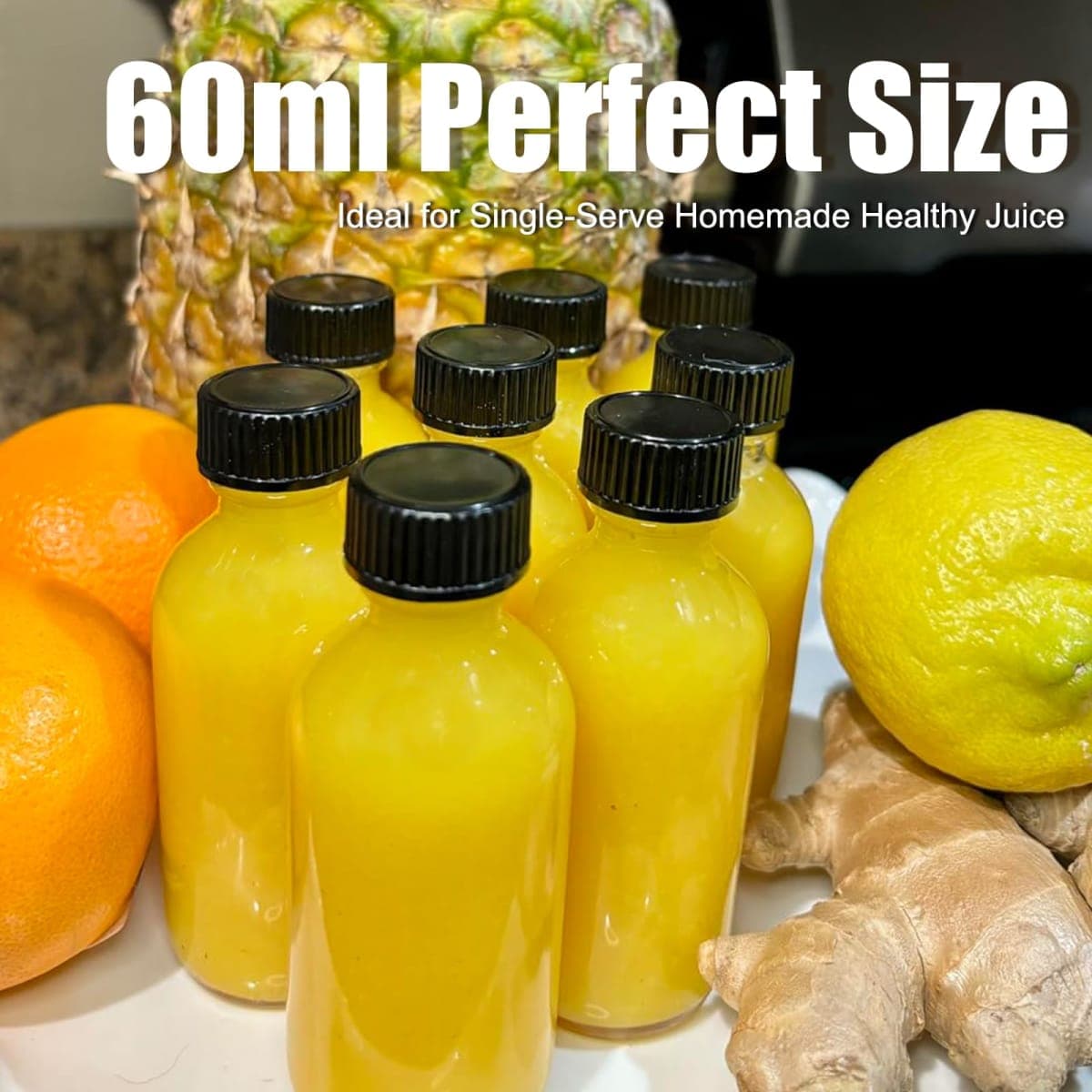 FANSTINOW 2 oz (60ml) 50 Pack Leak-Proof Clear Glass Boston Round Bottles with lids - Mini Travel Containers for Ginger Shots, Juice, Whiskey, Samples | W/Labels, Funnels & Brushes thumbnail 4